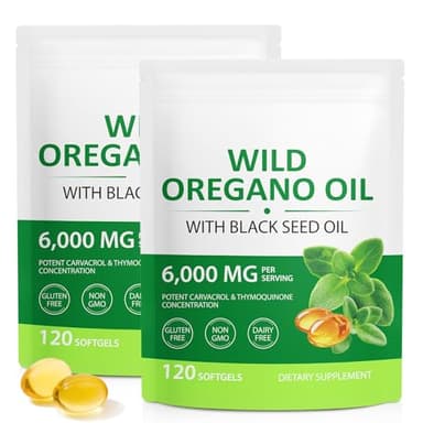 Capsules d'huile d'origan 240 gélules, Oregano Oil Capsules, d'origan bio végétaliennes capsules d'huile- 2 en 1 6000 mg d'huile d'origan avec 200 mg d'huile de nigelle, soutien digestif