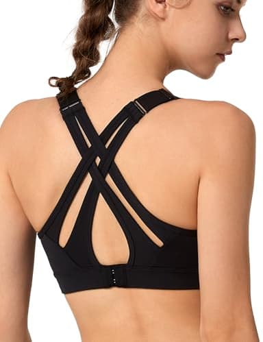 Yvette Soutien Gorge de Sport Femmes Bretelles Réglables Bretelles Réglables Dos Croisées sans Armature Maintien Fort Grande Taille Course Fitness Gym Noir/Bretelles Réglables M