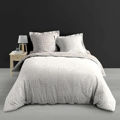 Douceur d'Intérieur, Parure de Lit 3 Pièces (240 x 220 cm) Eliot Naturel, 100% Percale de Coton