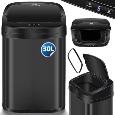 KESSER® Poubelle de cuisine à capteur de 30 l, automatique, avec détecteur de mouvement, couvercle à fermeture amortie, avec panneau de commande tactile et capteur, écran LCD, acier inoxydable, avec