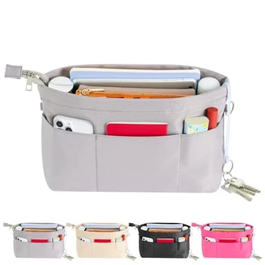 HyFanStr Organisateur de Sac à Main en Nylon pour Femmes, Bag In Bag Pochette Sac de Rangement Intérieur avec à Fermeture éclaire Petit Gris