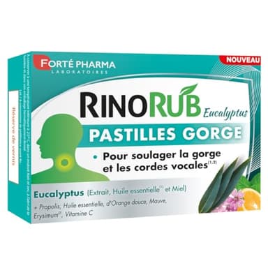 Forté Pharma - RinoRub Pastilles Gorge | Complément alimentaire Gorge - Maux de gorge, Cordes vocales | Huile essentielle d'Eucalyptus, Vitamine C, Thym, Menthe Poivrée | 20 pastilles