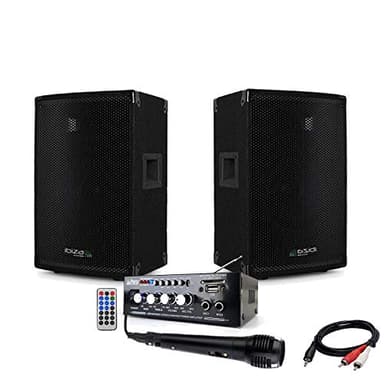 Pack Sono Ibiza sound 600W Total + Ampli PLS1250 + 2 Enceintes 300W PA DJ Sono Mix LED Light soirée Familiale Bar Club Maison