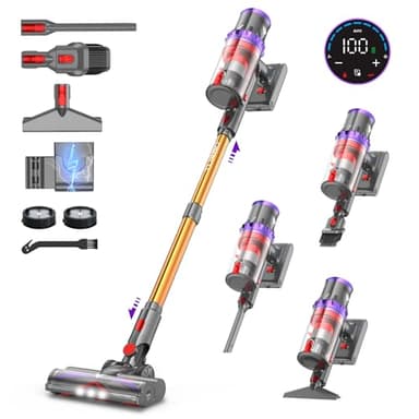 coovy SU7 Aspirateur Balai sans Fil 580W/45Kpa/70Mins, Aspirateur sans Fil Puissant, Chargement Mural, Écrans Tactiles LED, 1,3L Capacité, pour Sols Durs/Tapis/Les Poils d'animaux