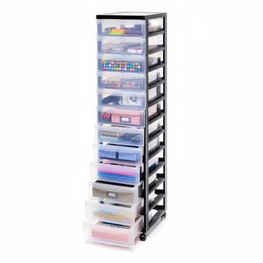 Iris Ohyama Grande tour de rangement plastique à roulettes – 12 tiroirs de 7L Format A4 – Meuble de rangement pratique pour bureau, organisation scolaire et maison – DC-012 Noir