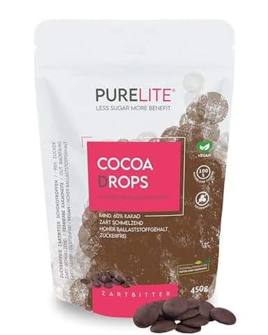PURELITE Cocoa Drops chocolat noir végétalien 450g, grosses gouttes de chocolat sans sucre, érythritol et stevia sans arrière-goût, soucieuses des calories, au moins 60% de cacao