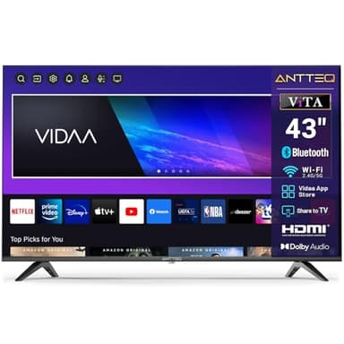 Antteq Smart TV 43 Pouces (108cm) FHD Télévision Vita OS avec Triple Tuner, Bluetooth, WiFi, Appli Mobile, APP Store, Share to TV, Netflix, DAZN, HDMI, USB, Mode Hôtel V43-AF3Q1-BT