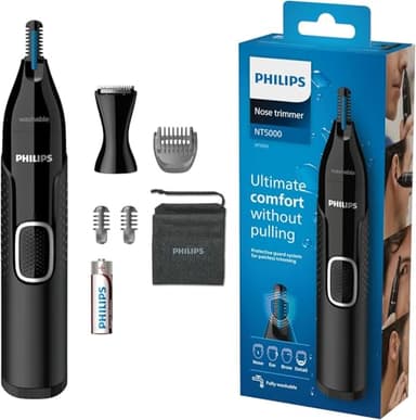Philips NT5650/16 Série 5000 - Tondeuse pour poils de nez, oreilles et sourcils avec accessoire de coupe détaillée, imperméable - avec système de protection, à piles, sans tiraillement