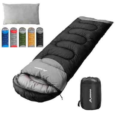 BISINNA Sac de Couchage avec Oreiller - Sac de Couchage Chaud Léger 4 Saisons Imperméable avec Un Sac de Compression pour Adultes en Plein Air Camping (Noir, Fermeture à glissière Droite)