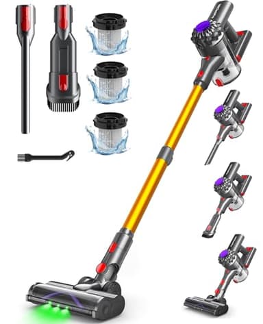 VACTechPro V15 Aspirateur Balai sans Fil,35kPa Aspirateur sans Fil,6-en-1,35 Minutes d'Autonomie avec Batterie Amovible,pour Le Nettoyage de Tous Types de Sols et Tapis&Or