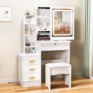 Générique Coiffeuse avec Miroir et Tabouret, Coiffeuse avec Tiroirs et Étagères, Espace de Rangement Caché, Petite de Coiffeuses avec Miroir LED (Blanc)