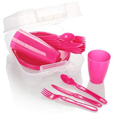COM-FOUR® 31x Set de Pique-Nique - Vaisselle réutilisable pour 6 Personnes - Mallette de Pique-Nique - kit Pique niques (Rose)