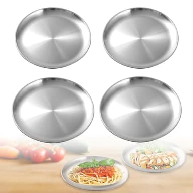 LEKEFETO Lot de 4 assiettes rondes en acier inoxydable - Diamètre : 20 cm et 23 cm - Assiettes de camping solides - Pour camping, pique-nique, randonnée, cuisine