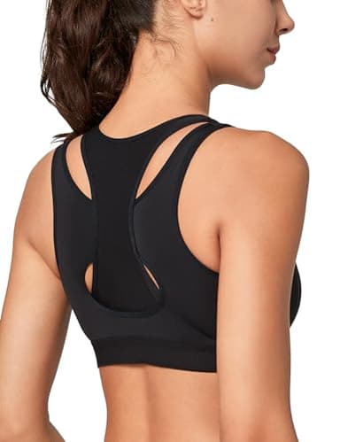 Yvette Soutien Gorge de Sport Femme Fermeture Avant Maintien Fort Grande Taille Rembourré Dos Nageur Fitness Noir M