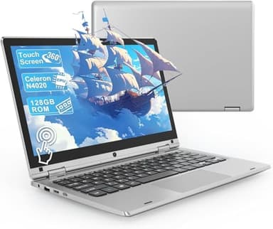 11,6 Pouces Ordinateur Portable - Celeron N4020 6 Go de RAM 128 Go de SSD, PC Portable Tactile Pliable à 360°, 2,4/5 GHz WiFi, Bluetooth 4.2, W 11P, Mini HDMI, Small Laptop Extension par SD - Argent