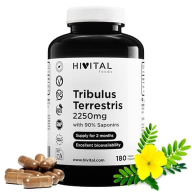 Tribulus Terrestris 2250 mg. 180 gélules vegan pour 2 mois de traitament. Extrait naturel à 90% de saponines à haute teneur en principe actif. Fabriqué en Europe par HIVITAL