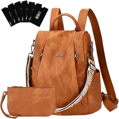 Eshow Petit Sac a Dos Femme Antivol, Sacs à Main Portés Dos Elégant Léger Imperméable PU Cuir, Sacoche Bandoulière avec Étui anti RFID & Pochette pour Voyage Travail Loisirs Université Brun