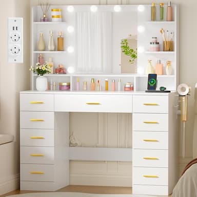 BEWISHOME Grande Coiffeuse avec Miroir et Prise,Luminosité Réglable,3 Couleurs,Table de Maquillage avec 11 Tiroirs,6 Étagères Ouvertes pour Chambre à Coucher Moderne Coiffeuse Blanc EFST50W
