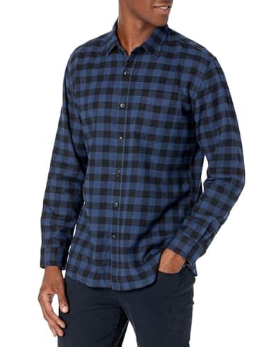 Amazon Essentials Chemise en flanelle à manches longues Homme, Bleu Noir Carreaux Lainés, L
