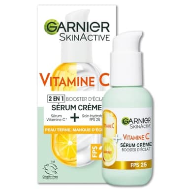 GARNIER Skin Active - Sérum Crème Booster D'Éclat 2-En-1 - Hydratation 72h & Éclat - FPS 25 - Vitamine C & Agrumes - Vegan & Cruelty Free - Peaux Ternes En Manque D'Éclat - 50 ml