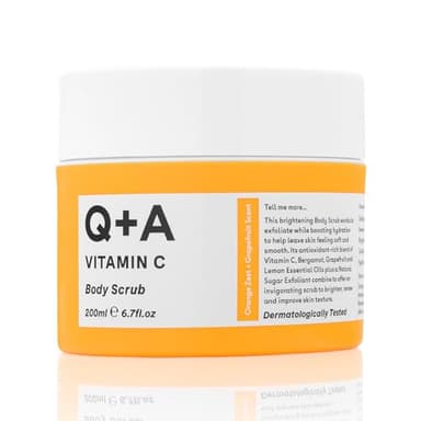Q+A Gommage corporel à la vitamine C (200 ml), gommage exfoliant pour le corps, gommage éclaircissant et hydratant au sucre aux huiles essentielles d'agrumes, vitamine C et huile d'onagre