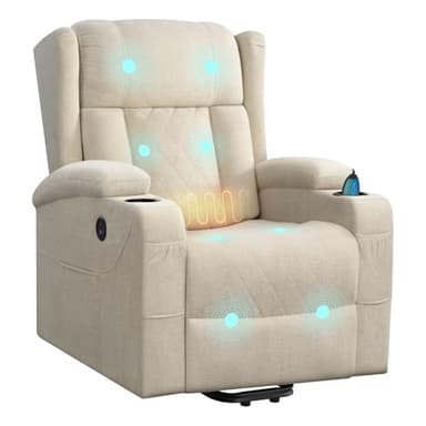 WOLTU Fauteuil Relax Électrique, Fauteuil Massant, Aide à la Verticalisation, Massage, Chauffage, Repose-Pieds, Poches, Porte-gobelet, Port USB, Tissu Éponge, Beige, SKS61be