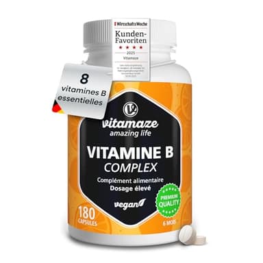 Vitamine B Complexe Fort avec Vitamine B1, B2, B3, B5, B6, B7 (Biotine), B9 (Acide Folique) et B12 - Pour 6 Mois - Énergie et Vitalité Naturel et Vegan - Vitamaze