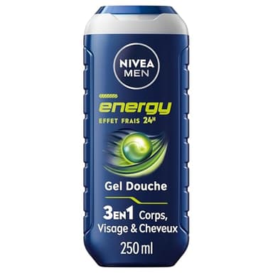 NIVEA MEN Gel Douche Energy (1 x 250 ml) - Soin lavant enrichi en extrait de menthe vivifiante - Gel douche homme 3 EN 1 — Soin nettoyant Corps Visage & Cheveux Vivifiant Effet Fraîcheur 24H