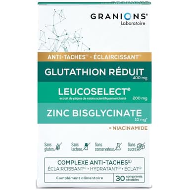 GRANIONS - COMPLEXE ANTI TACHE VISAGE – Glutathion, Vitamine C, Zinc bisglycinate, Selenium, Niacinamide - Éclat, Uniformité du Teint, Éclaircissant, Hydratant Visage - Fabriqué en France - 1 MOIS