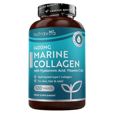 Nutravita Collagene Marin et Acide Hyaluronique 1400mg - 120 Comprimés - Peptides de Collagène Marine & Acide Hyaluronique - Peau et Articulations - Collagen avec Vitamine C, E Biotine, Zinc & Cuivre