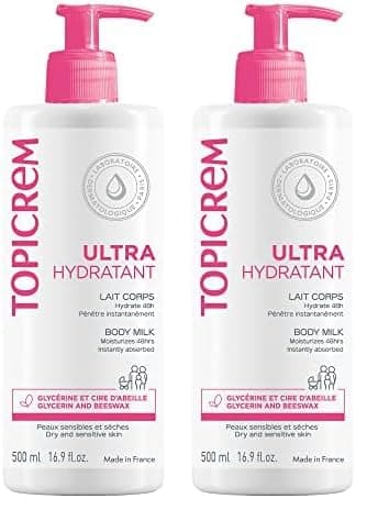 Topicrem - Ultra Hydratant Lait Corps - Hydrate 48h, Relipide, Protège la Peau - Texture Onctueuse, Odeur Délicate - Crème Hydratante pour Peaux Sensibles - Fabrication Française - 500 ml (Lot de 2)