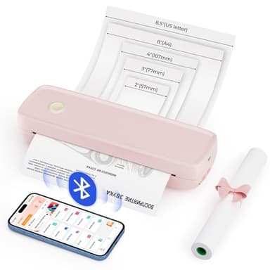 MUNBYN ITP04 Imprimante Thermique A4 Kit, Imprimante sans Encre Bluetooth Portable pour Le Voyage, Compatible avec Les Téléphones et Ordinateurs Portables Android et iOS, Rose