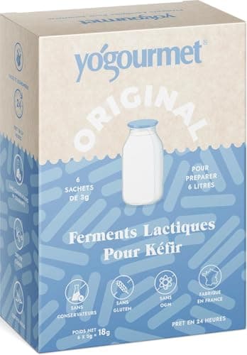 Yogourmet - Ferments Kefir (6 Sachets = 6 Litres) - Faites du kéfir à la maison - Naturel, sans gluten, casher, halal