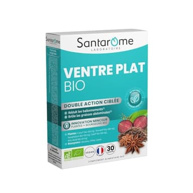 Santarome Bio - Ventre Plat I Complément Alimentaire Minceur Perte de Poids I Action Ciblée Rondeurs Abdominales - A base de plantes Bio - Carvi, Thé vert I 30 comprimés I Végan I Made In France