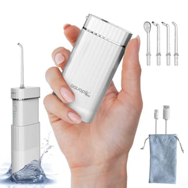 Aquapik® Mini Jet Dentaire Portable | Élimine la Plaque + Recommandé par les Dentistes + Protège vos Implants et Appareils Orthodontiques | 4 Embouts + 3 Modes de Fonctionnement + Rechargeable USB-C