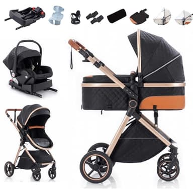 Zkiprm Poussette 3-en-1, Système de Voyage Bébé avec Siège Auto et Base Isofix, Poussette Pliable, Poignée Réglable en Hauteur Housse de Pluie | Moustiquaire | Housse de pluie | Porte-gobelet | 0-3