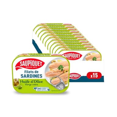 SAUPIQUET - Filets de Sardines à l'Huile d'Olive Vierge Extra - Sans Arêtes - Sans conservateurs, colorants ni arômes artificiels - Issus d'une Pêche Traçabilité Garantie - 15 Conserves (100 g)