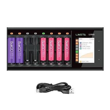 LIMETA Chargeurs de Batterie Domestiques à 8 Emplacements, Chargeur de Batterie Rechargeable avec Affichage LCD USB Type C, Intelligent pour Charger Les Piles AA AAA Li-ION LiHv Ni-MH Ni-CD.