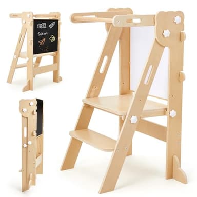 Labebe Tour d'apprentissage pour Enfants, 3 en 1 Montessori Pliable Tour d Observation, Multifonctionnelle Réglable Tour d'apprentissage avec Tableau Double Face à partir de 1 an (Bois)