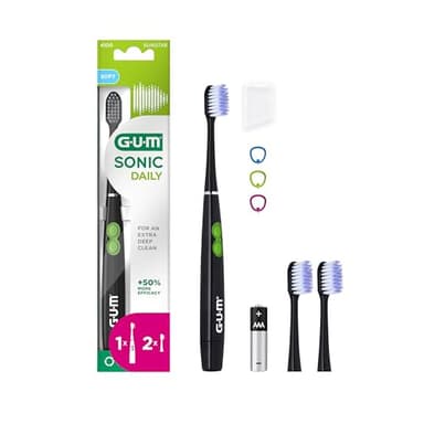 GUM SONIC DAILY Brosse à dents sonique électrique à piles | Pour un nettoyage en douceur et en profondeur | 1x brosse à dents, 2x têtes de brosse de rechange, 1x pile AAA (Noir)