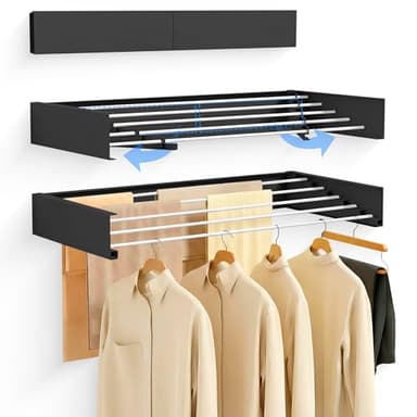 JUPPLIES Étendoir Mural Pliable Rétractable 120 cm - Séchoir à Linge Mural pour Intérieur ou Extérieur - Design Compact Gain de Place avec Capacité de 30 kg (Noir)