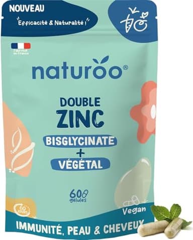 Double Zinc : Bisglycinate & Zinc Végétal (Shiitake bio & basilic sacré bio) - 60 Gélules Vegan (2 mois) - Immunité, Peau, Cheveux, Fertilité, Vitamines B6 & B2 - Fabriqué en France