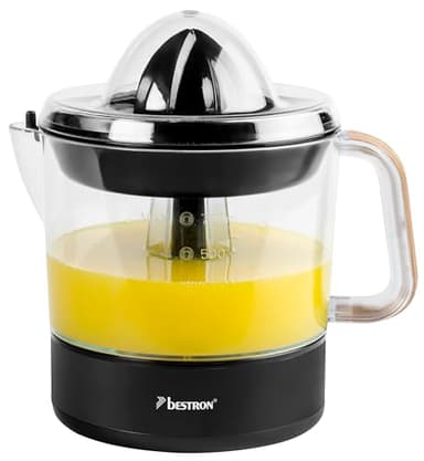 Bestron Presse-oranges et agrumes électrique, Inclut 2 cônes de pressage et un couvercle pour préserver l'arôme, Moteur à deux sens de rotation (gauche/droite), Capacité: 0.7 Litre, Couleur: Noir/Bois