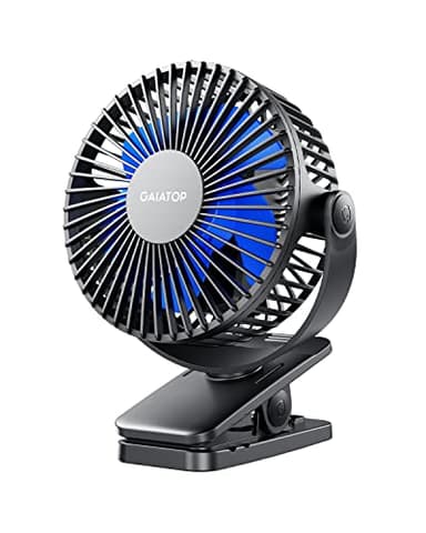 Gaiatop Ventilateur portable à clipser à piles, petit ventilateur de bureau USB puissant, 3 vitesses, silencieux, rechargeable, le camping,Noir et bleu