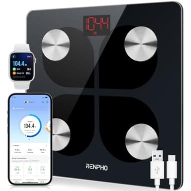 RENPHO Balance Pèse Personne Électronique, Pèse Personne Impédancemètre Rechargeable USB, Bluetooth Balance avec Smartphone App, 13 Données (IMC/Taux de Graisse/Poids Osseux), 400 lb
