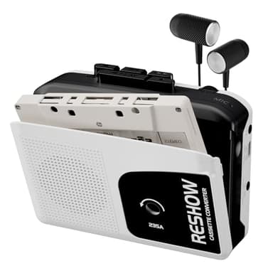 Reshow Lecteur de Cassettes Portable Microphone et Haut-Parleur Intégrés, Convertisseur USB Cassette-MP3, Enregistrement Inversé sur Bande, Magnétophone Noir avec Casque