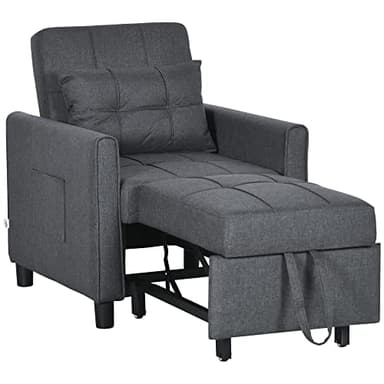 HOMCOM Fauteuil Convertible 1 Place 3 en 1, Fauteuil lit avec Dossier réglable en 3 Positions, Oreiller Inclus et 2 Poches latérales, canapé-lit 1 Place pour invités, Salon, Bureau, Gris