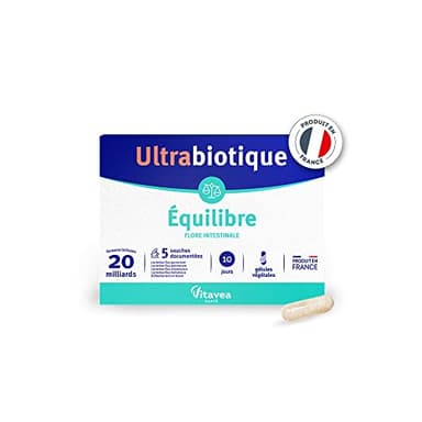 Vitavea Ultrabiotique Equilibre - Complément alimentaire flore intestinale - Probiotiques - 20 milliards de ferments lactiques - 5 souches documentées - 10 gélules - 10 jours - Fabriqué en France