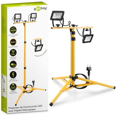 goobay 57845 Projecteur de chantier LED sur pied télescopique 2 x 20W / 3400lm / Lumière blanc neutre - 4000K / Pour l'intérieur & l'extérieur - IP65 / Noir/Jaune