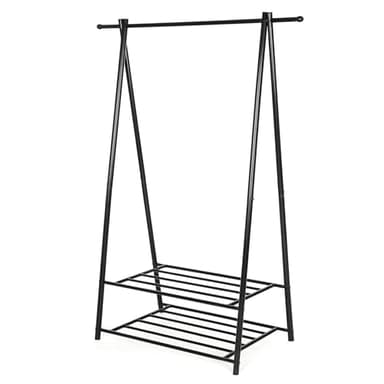 SONGMICS Portant à vêtements, Penderie à vêtements, Portemanteau avec 2 étagères de rangement pour chaussures, boîte, cadre métallique, gain de place, pour chambre, entrée, bureau, Noir HSR05B